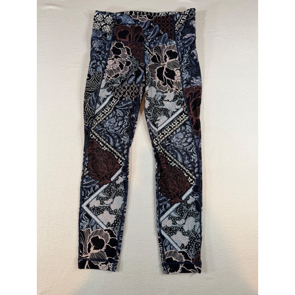 Athleta Women Blue Brown Floral Patchwork Leggings Size S 7/8 Tights Yoga Gym